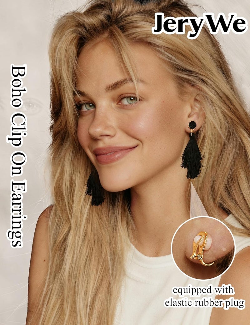 JeryWe 9 Pairs Clip on Earrings for Women Fashion Rattan Acrylic Tassel Drop Dangle Earrings Set Lightweight Geometric Statement Bohemian Clip Earrings for Non Piercied - Image 4